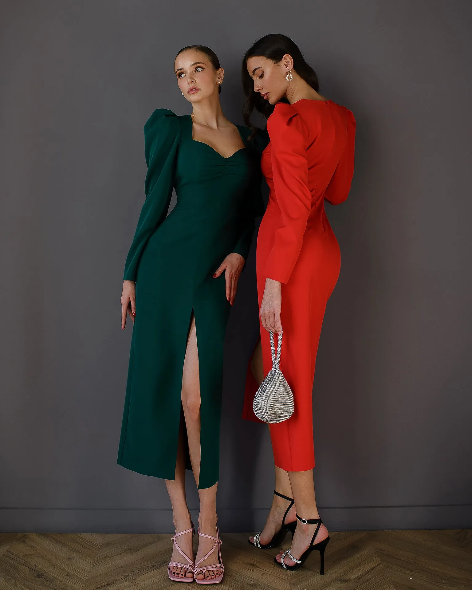 Anne Red Puff Sleeve Midi Dress