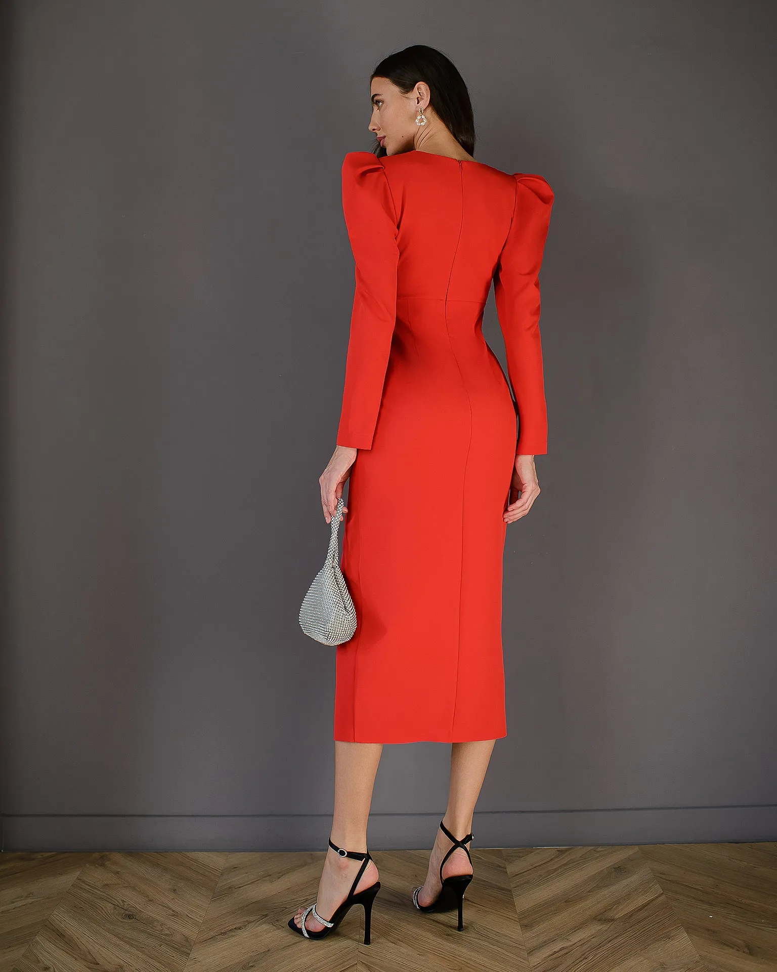 Anne Red Puff Sleeve Midi Dress