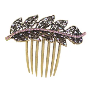 Antique Brass Rhinestone Leaf  French Twist Comb
