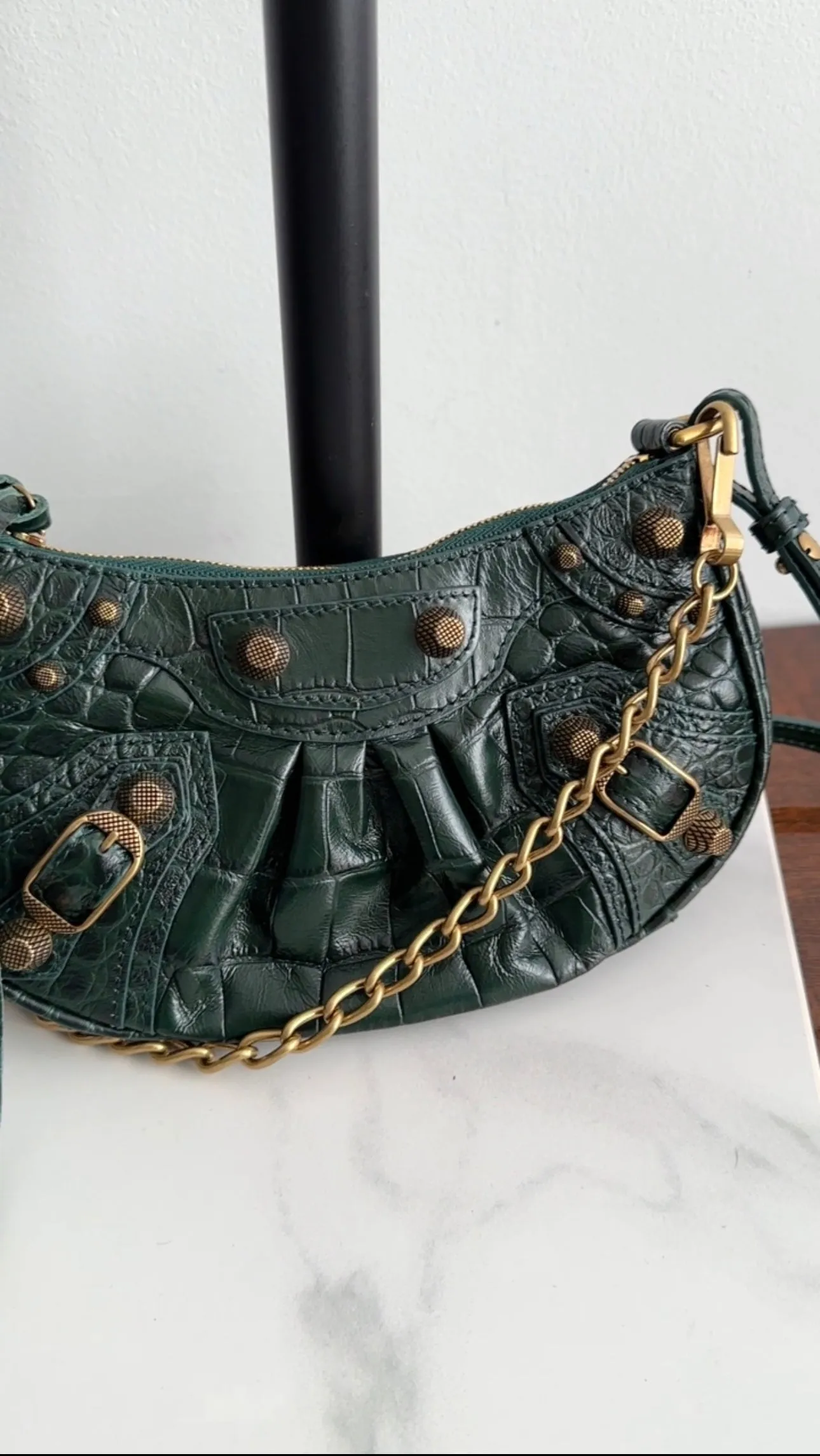 Balenciaga Dark Green Croc Embossed Cagole XS Chain Bag