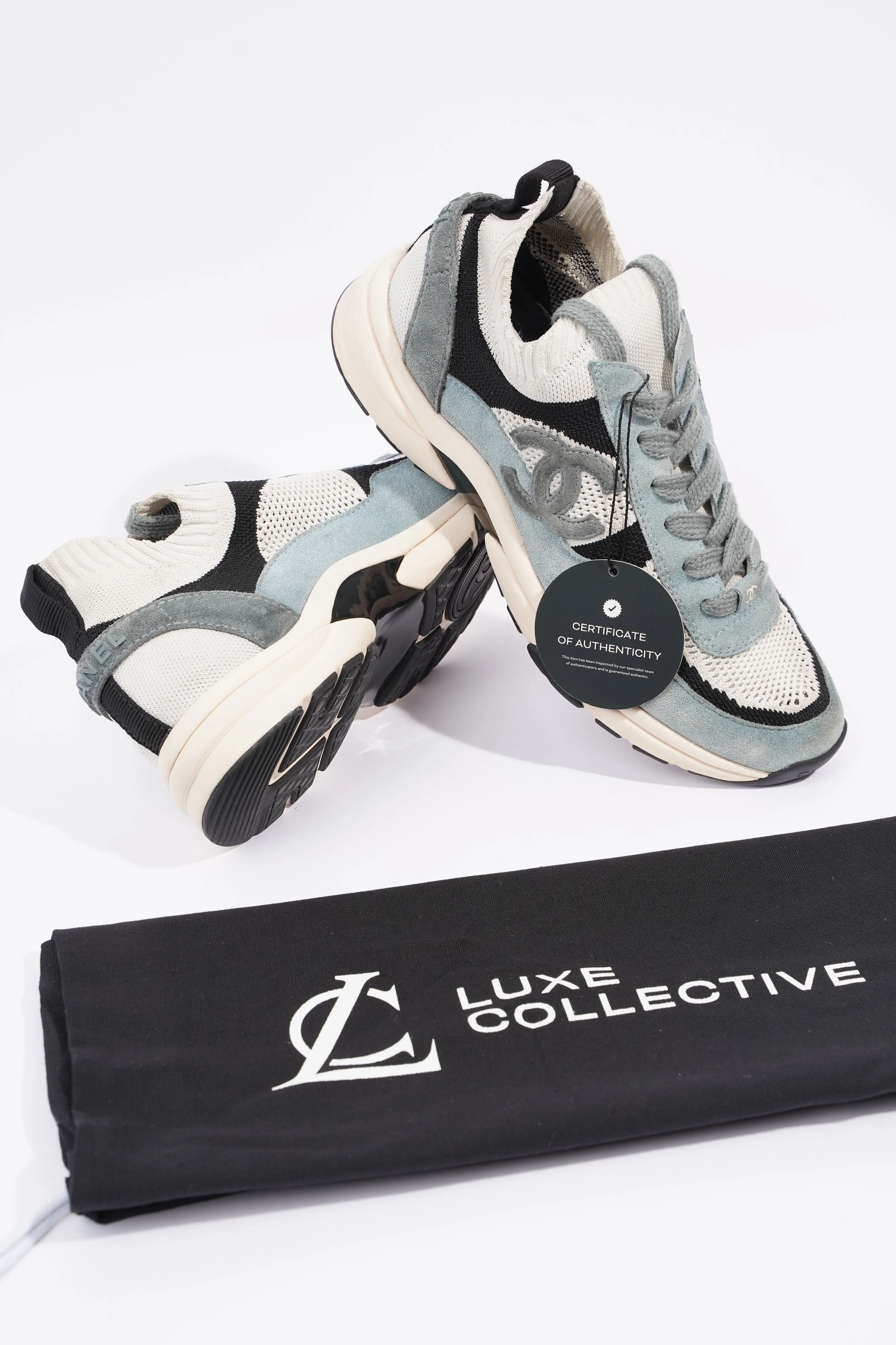 Chanel CC Logo Knit Sneaker White   Blue   Black Suede EU 38.5 UK 5.5