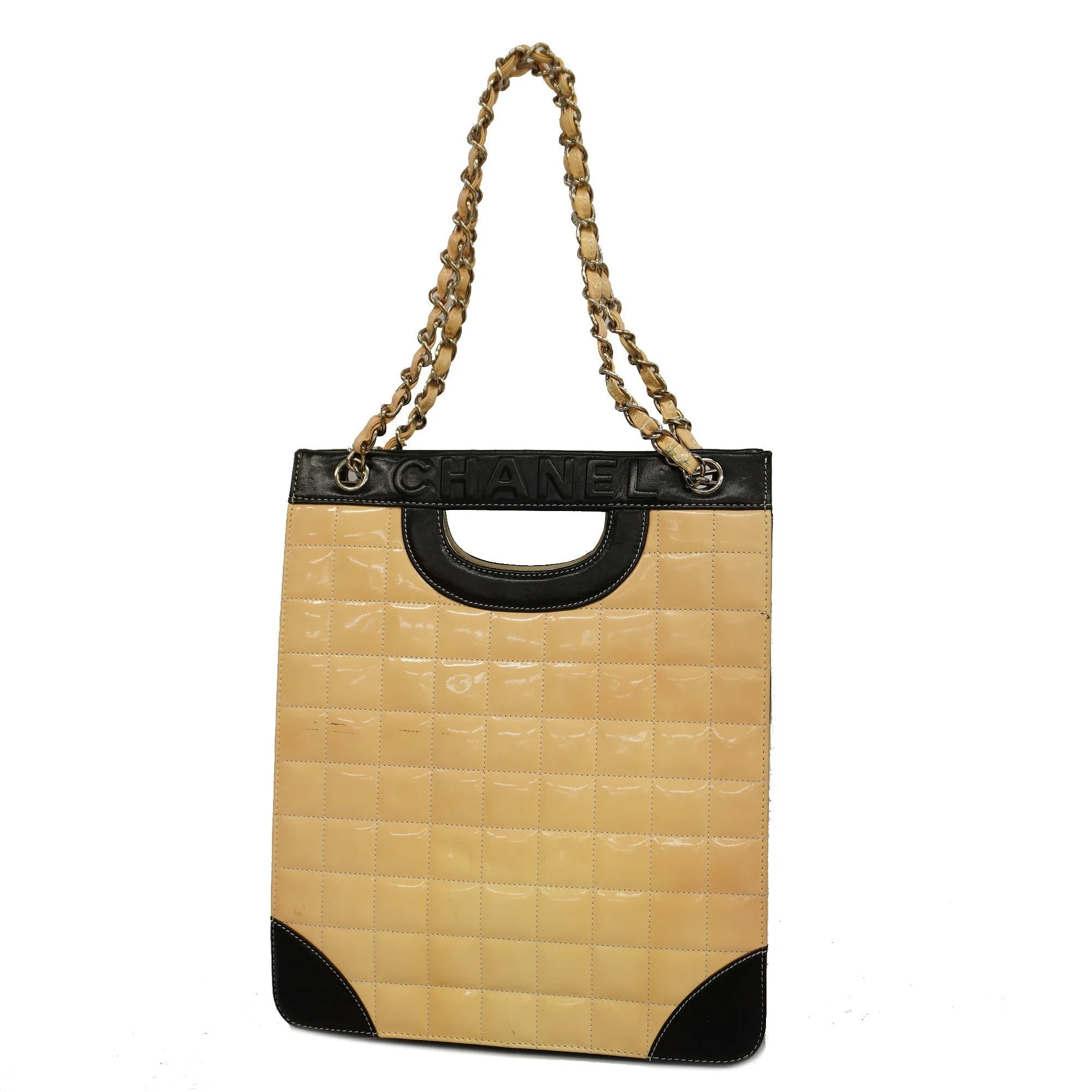 CHANEL   Chocolate Bar Chain Shoulder Women's Patent Leather Beige,Black
