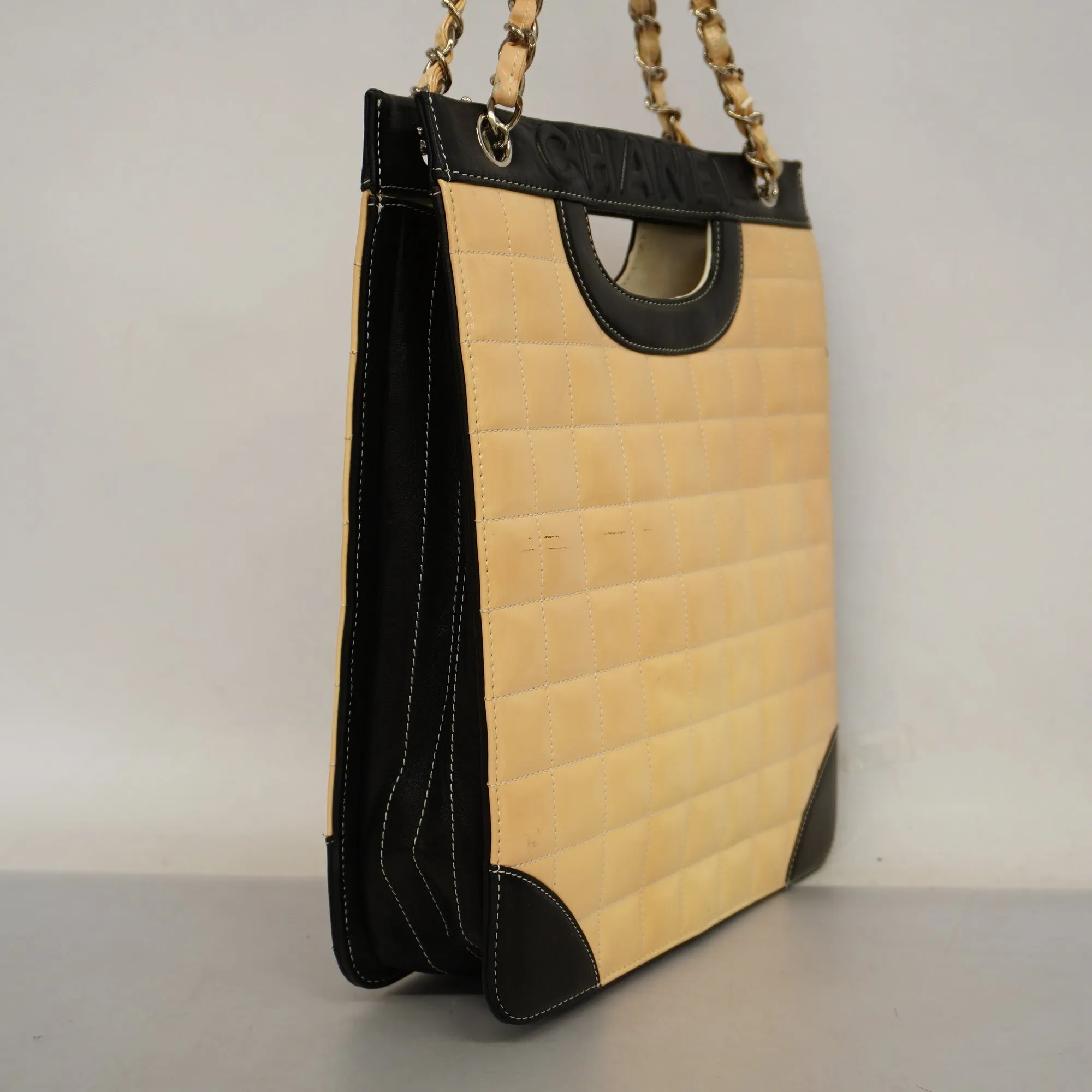 CHANEL   Chocolate Bar Chain Shoulder Women's Patent Leather Beige,Black
