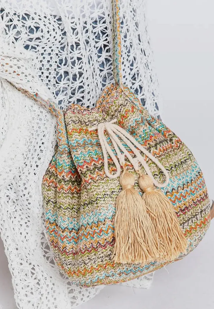Chevron Straw Bucket Bag
