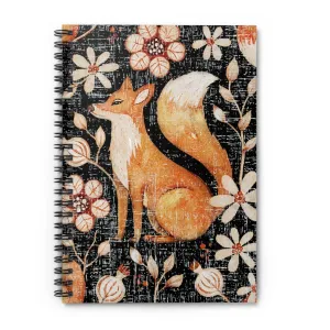 Fall Fox on Floral and Black Spiral Notebook - Ruled Line: Autumn Wildlife Design