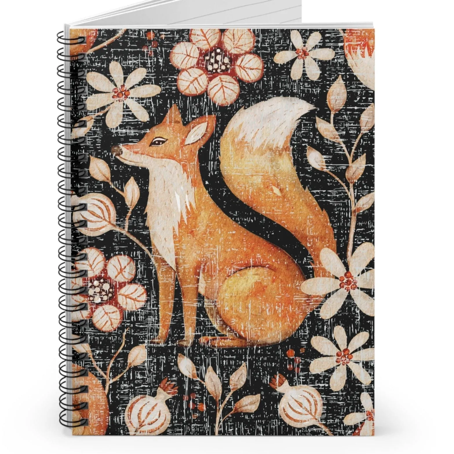 Fall Fox on Floral and Black Spiral Notebook - Ruled Line: Autumn Wildlife Design