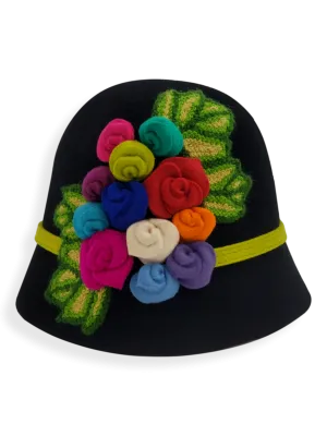 Felt Cloche Hat with Multi Flowers Appliqué