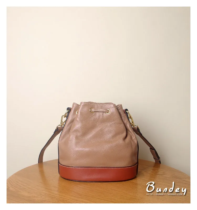 Genuine Leather Bucket Bag Leather Drawstring Bucket Bag Womens