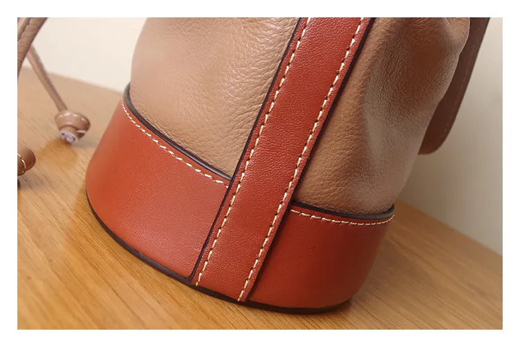 Genuine Leather Bucket Bag Leather Drawstring Bucket Bag Womens