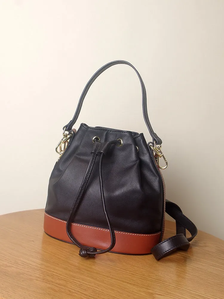 Genuine Leather Bucket Bag Leather Drawstring Bucket Bag Womens