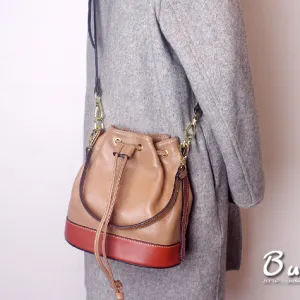 Genuine Leather Bucket Bag Leather Drawstring Bucket Bag Womens