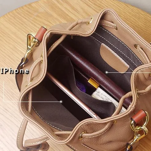 Genuine Leather Bucket Bag Leather Drawstring Bucket Bag Womens