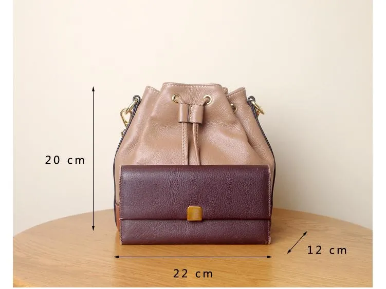 Genuine Leather Bucket Bag Leather Drawstring Bucket Bag Womens