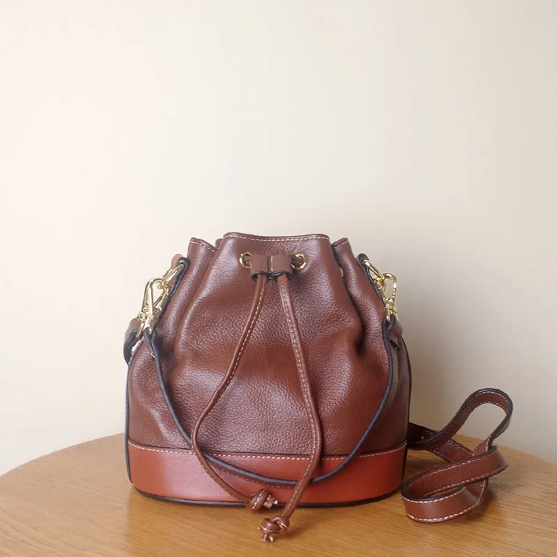 Genuine Leather Bucket Bag Leather Drawstring Bucket Bag Womens