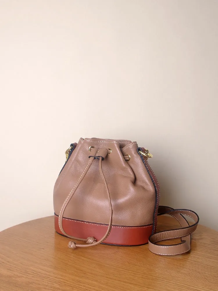 Genuine Leather Bucket Bag Leather Drawstring Bucket Bag Womens