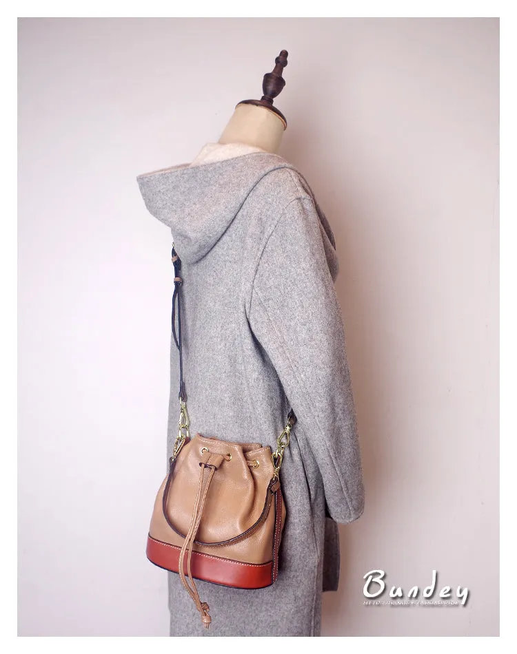 Genuine Leather Bucket Bag Leather Drawstring Bucket Bag Womens
