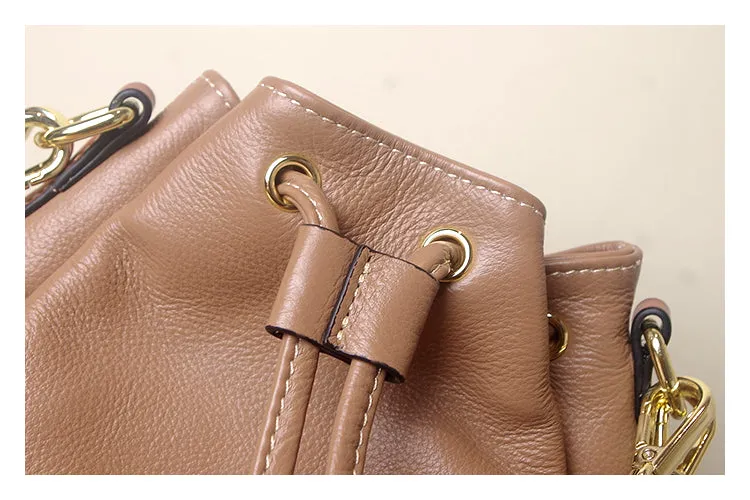 Genuine Leather Bucket Bag Leather Drawstring Bucket Bag Womens