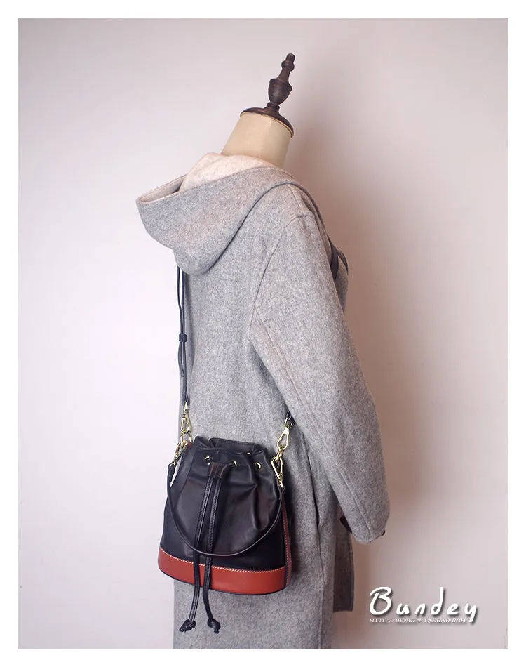 Genuine Leather Bucket Bag Leather Drawstring Bucket Bag Womens