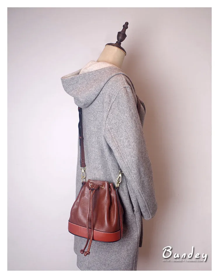 Genuine Leather Bucket Bag Leather Drawstring Bucket Bag Womens