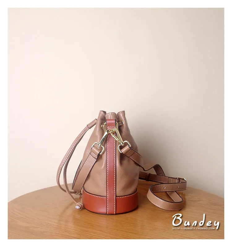 Genuine Leather Bucket Bag Leather Drawstring Bucket Bag Womens