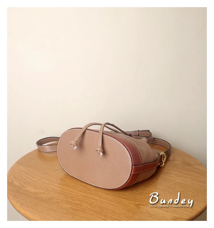 Genuine Leather Bucket Bag Leather Drawstring Bucket Bag Womens