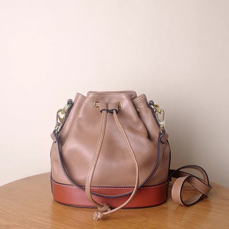 Genuine Leather Bucket Bag Leather Drawstring Bucket Bag Womens