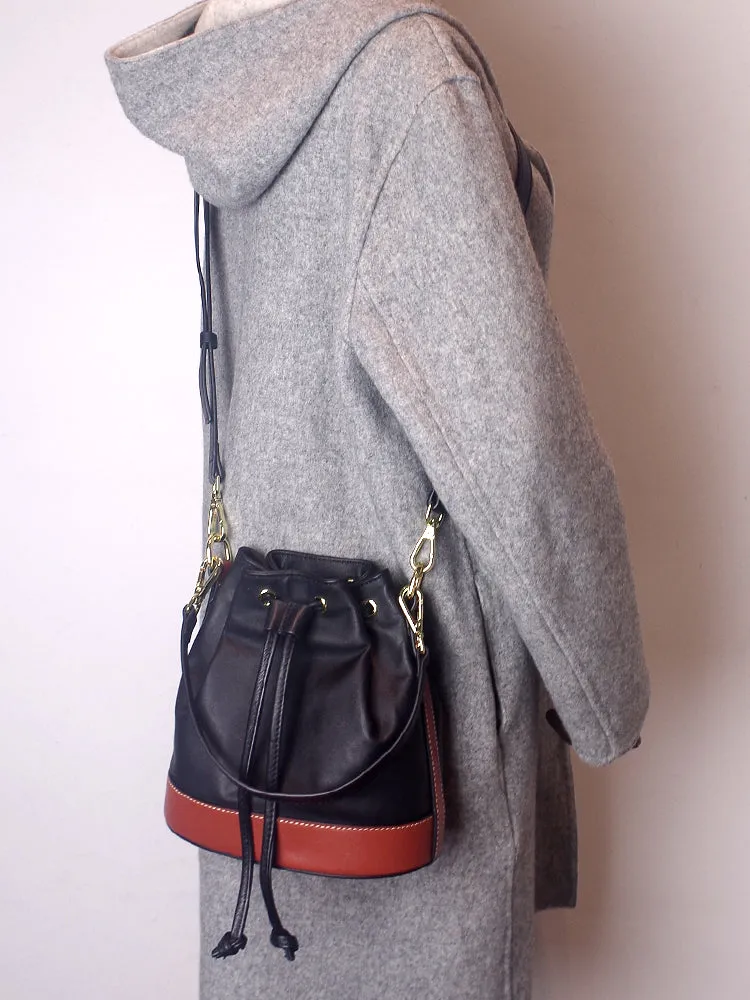 Genuine Leather Bucket Bag Leather Drawstring Bucket Bag Womens