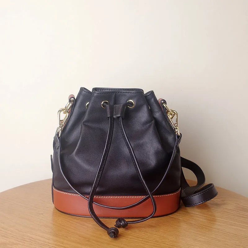 Genuine Leather Bucket Bag Leather Drawstring Bucket Bag Womens