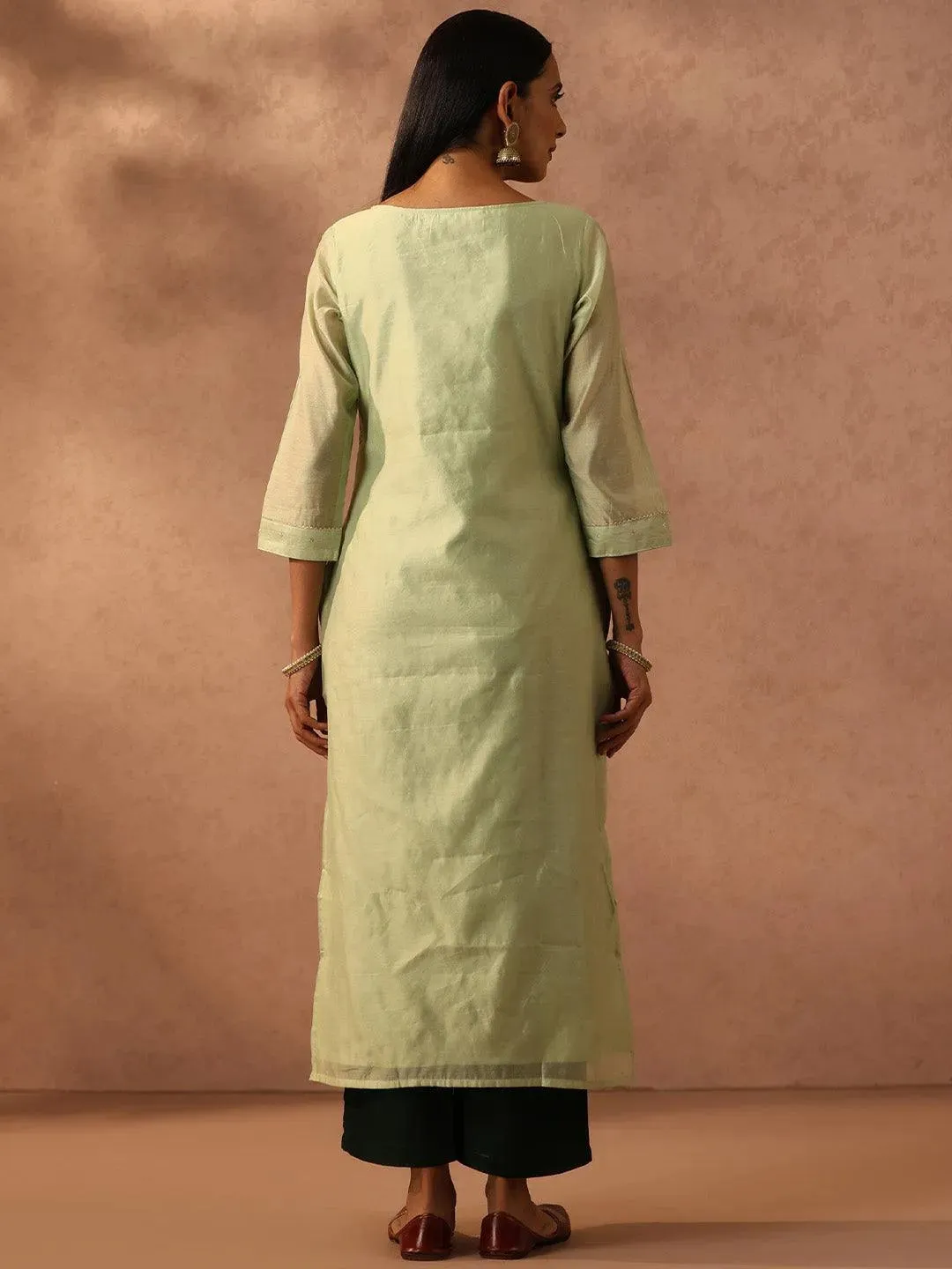 Green Embellished Chanderi Silk Straight Kurta