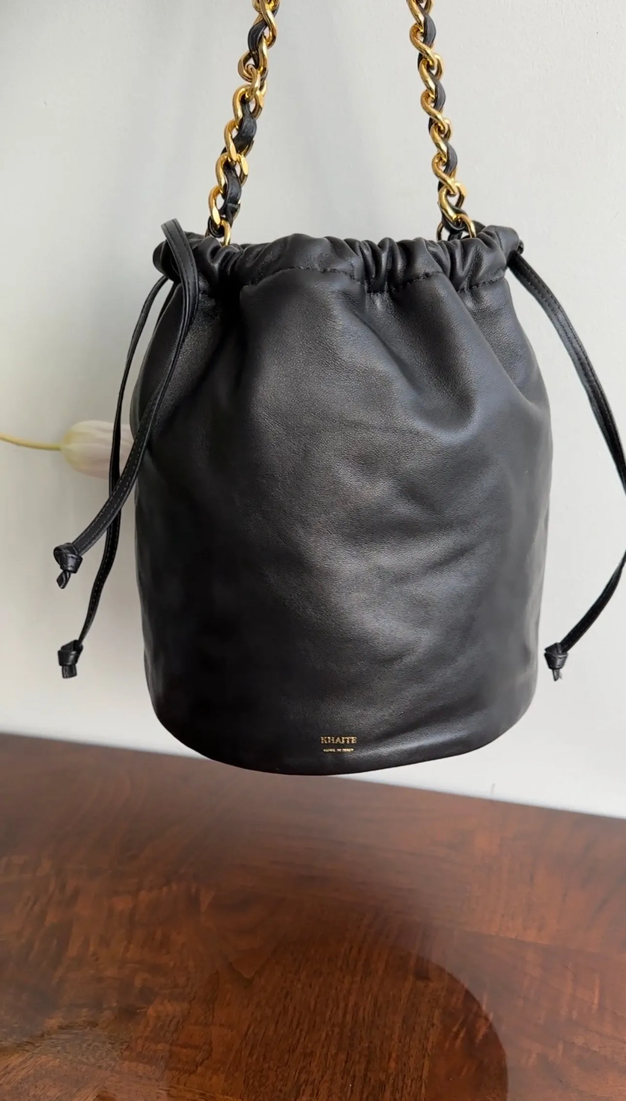 Khaite Black Leather Aria Bucket Bag with Chain Strap