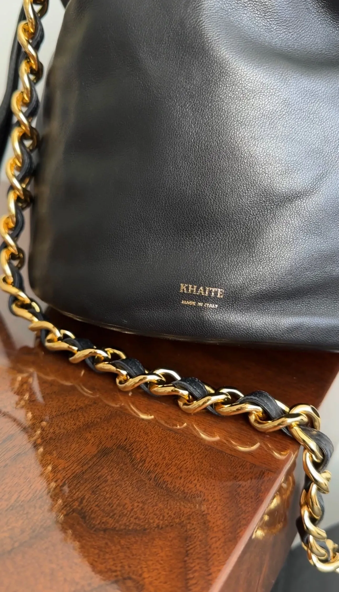 Khaite Black Leather Aria Bucket Bag with Chain Strap