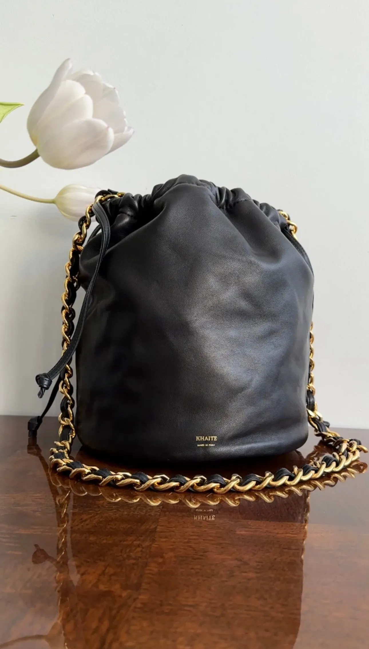 Khaite Black Leather Aria Bucket Bag with Chain Strap