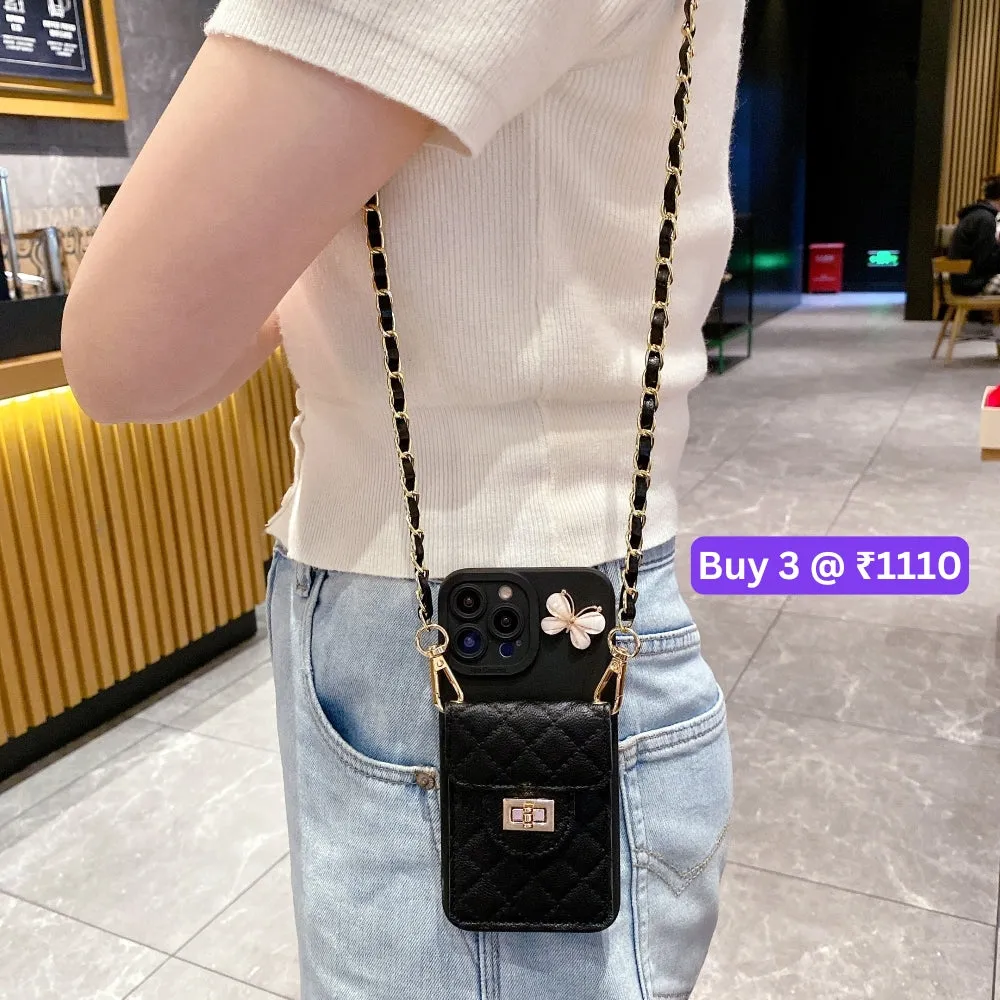 Luxury PU Leather Wallet Silicone Phone Case with Crossbody Chain Card Slot Bag - iPhone 14 Plus