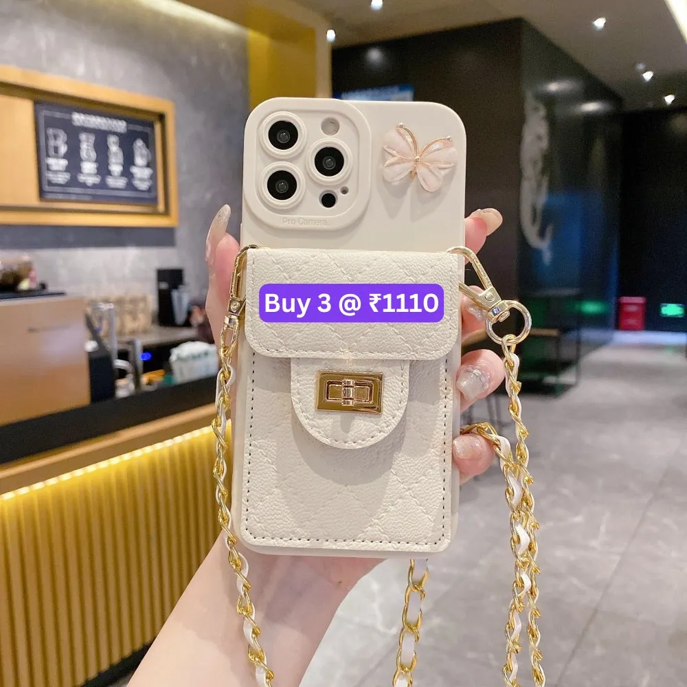 Luxury PU Leather Wallet Silicone Phone Case with Crossbody Chain Card Slot Bag - iPhone 14 Plus