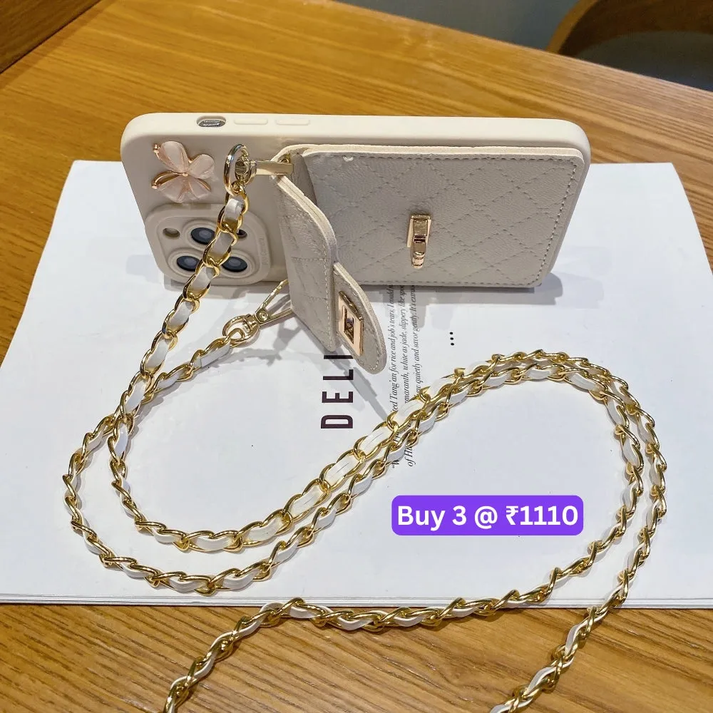 Luxury PU Leather Wallet Silicone Phone Case with Crossbody Chain Card Slot Bag - iPhone 14 Plus