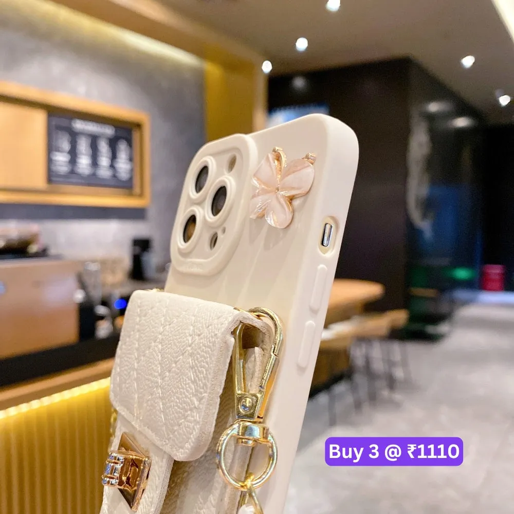 Luxury PU Leather Wallet Silicone Phone Case with Crossbody Chain Card Slot Bag - iPhone 14 Plus
