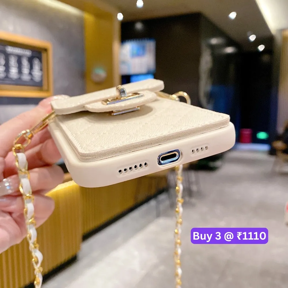 Luxury PU Leather Wallet Silicone Phone Case with Crossbody Chain Card Slot Bag - iPhone 14 Plus