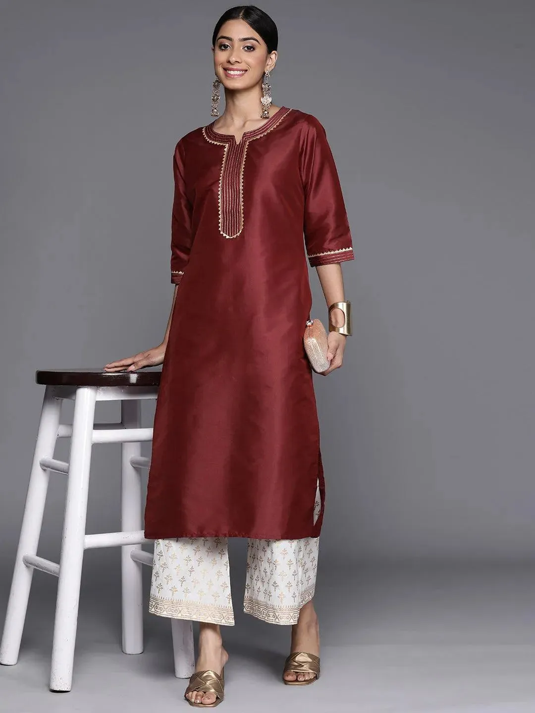 Maroon Yoke Design Silk Straight Kurta