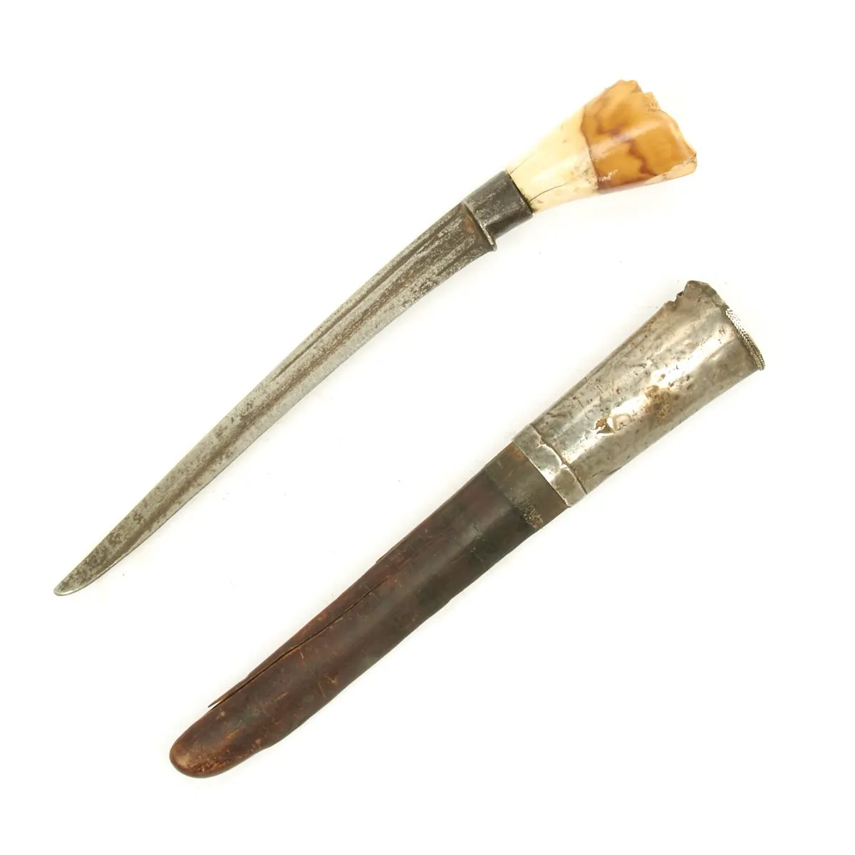 Original Early 19th Century Burmese Elephant Tooth Dagger with Silver Mounted Sheath
