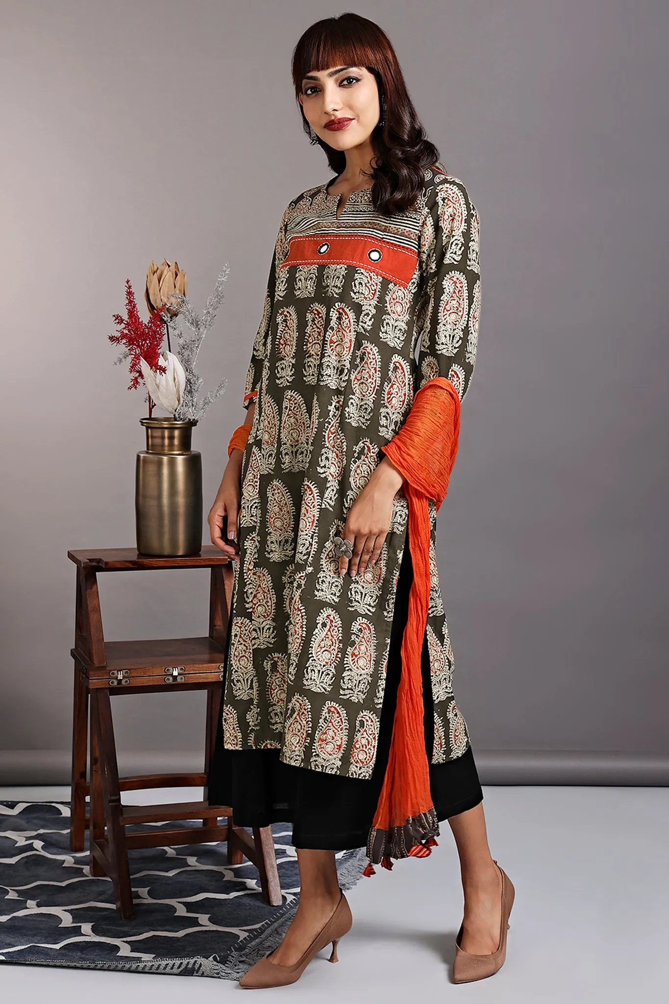 patchwork long kurta - brushed grey & sumptuous orange