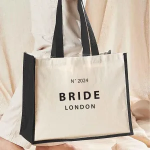 Personalised Bride Tote Bag, Custom Name Tote Bag, Bachelorette Jute Bag, Hen Party Travel Bag, Bridal Party Weekend Bag, Bags, Black Detail