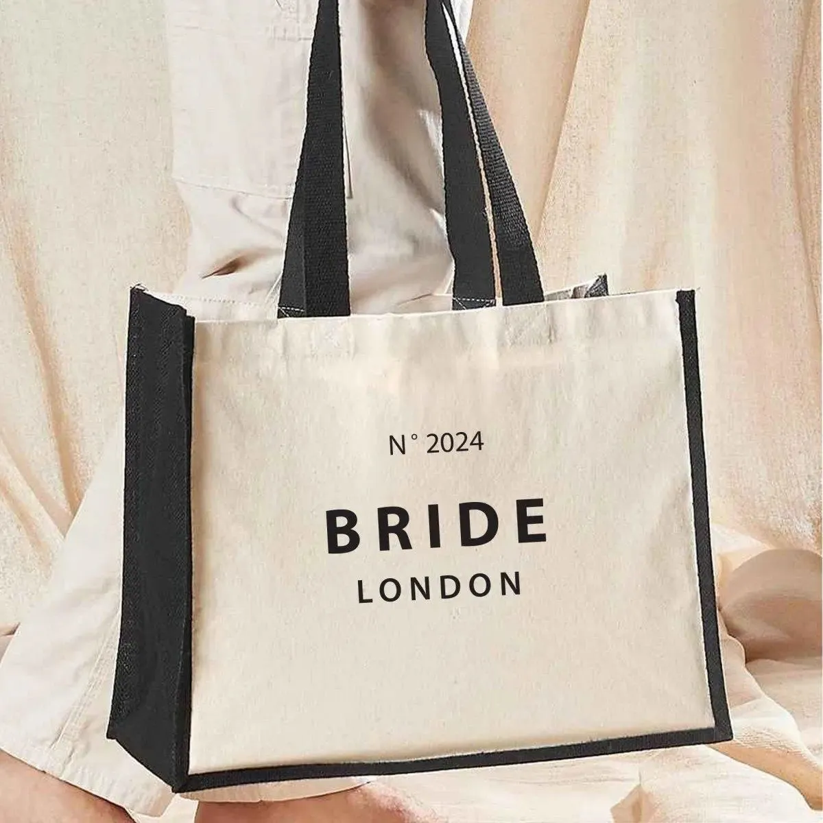 Personalised Bride Tote Bag, Custom Name Tote Bag, Bachelorette Jute Bag, Hen Party Travel Bag, Bridal Party Weekend Bag, Bags, Black Detail