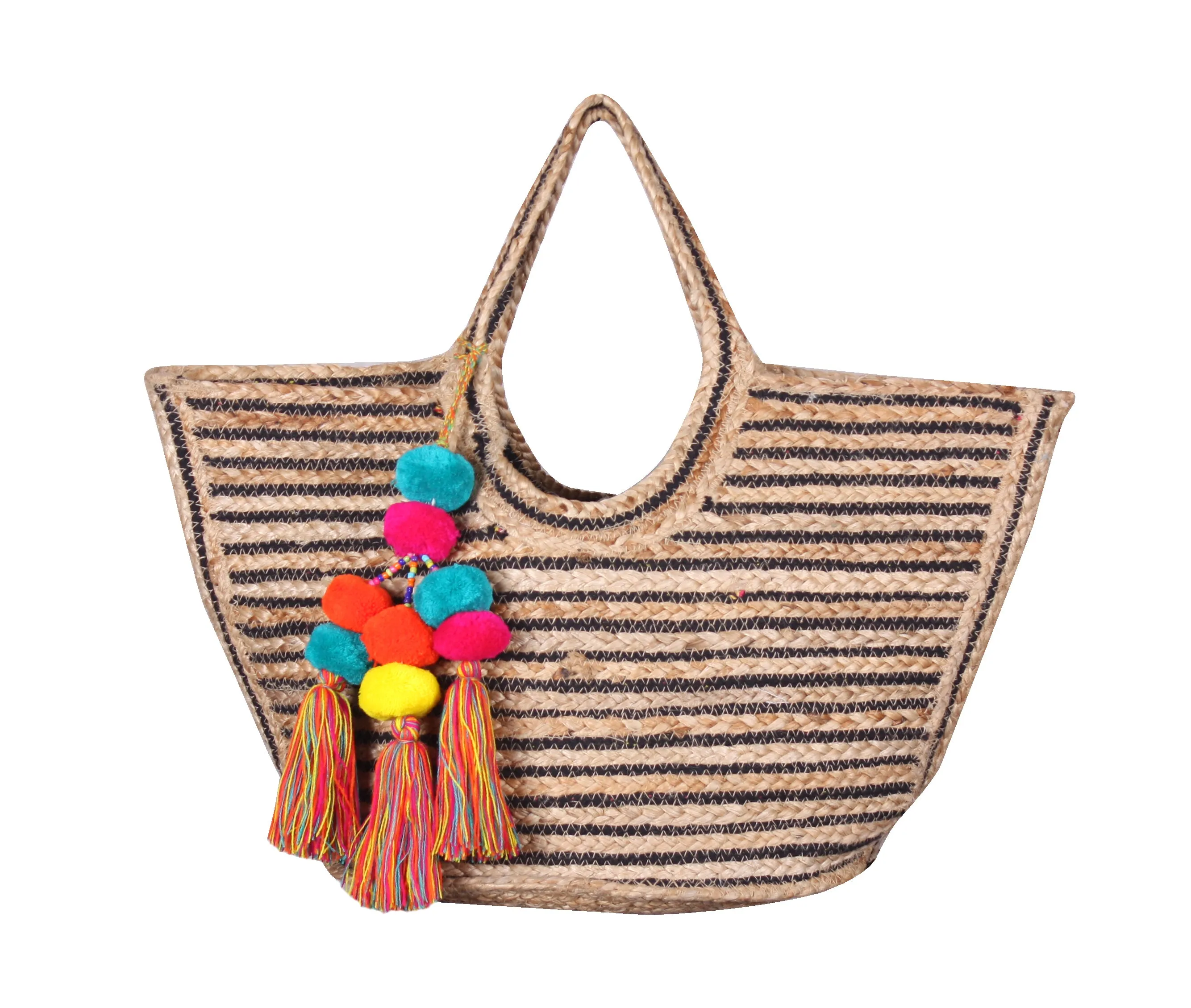 Raven Stripe Eco-Friendly Jute Tote with Pom Pom Tassels
