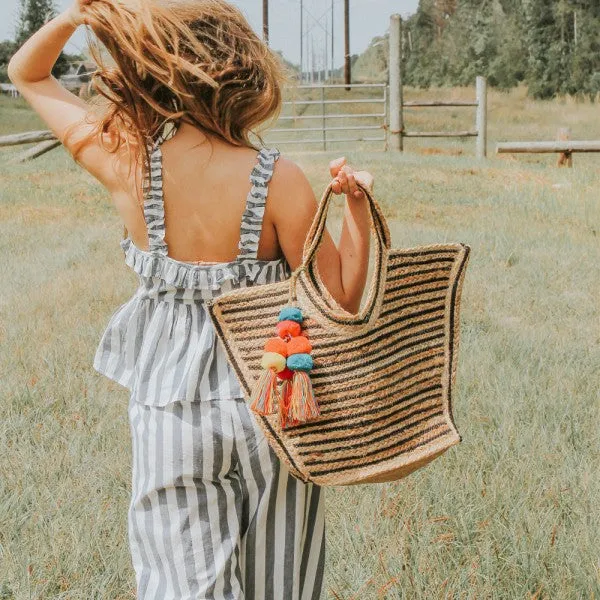 Raven Stripe Eco-Friendly Jute Tote with Pom Pom Tassels