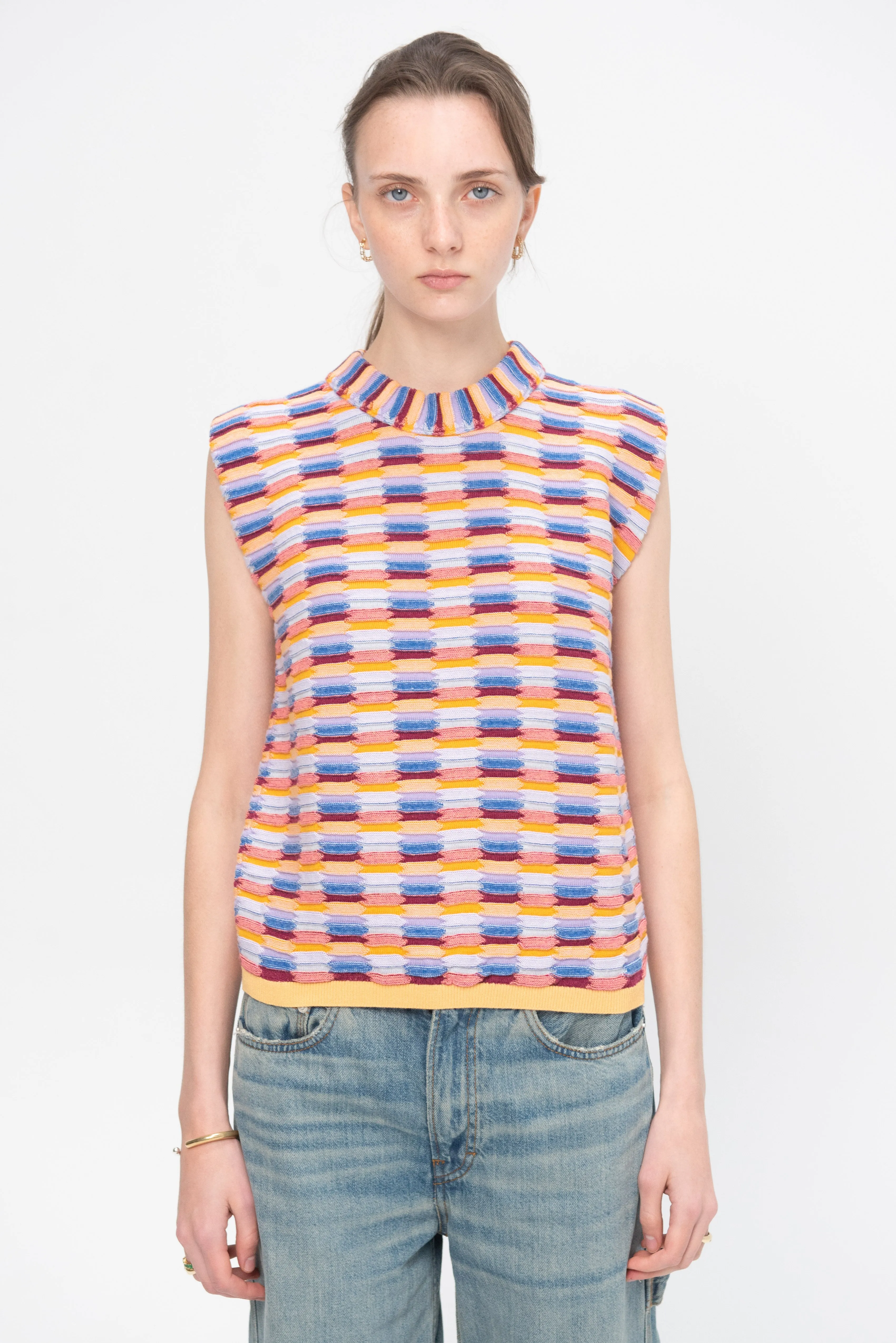 Soft Multi-Colored Zellige Knit Top, Multi Orange