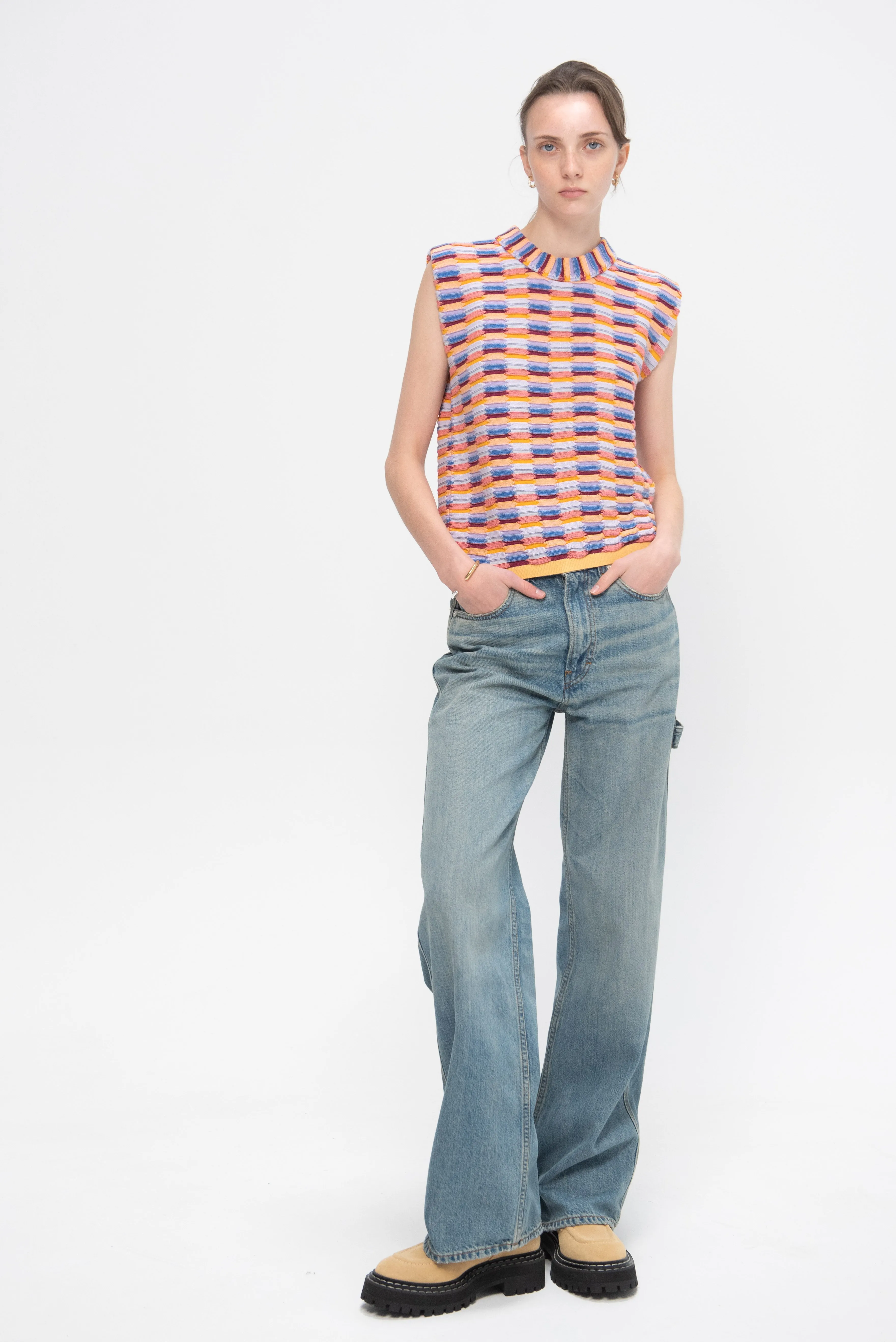 Soft Multi-Colored Zellige Knit Top, Multi Orange