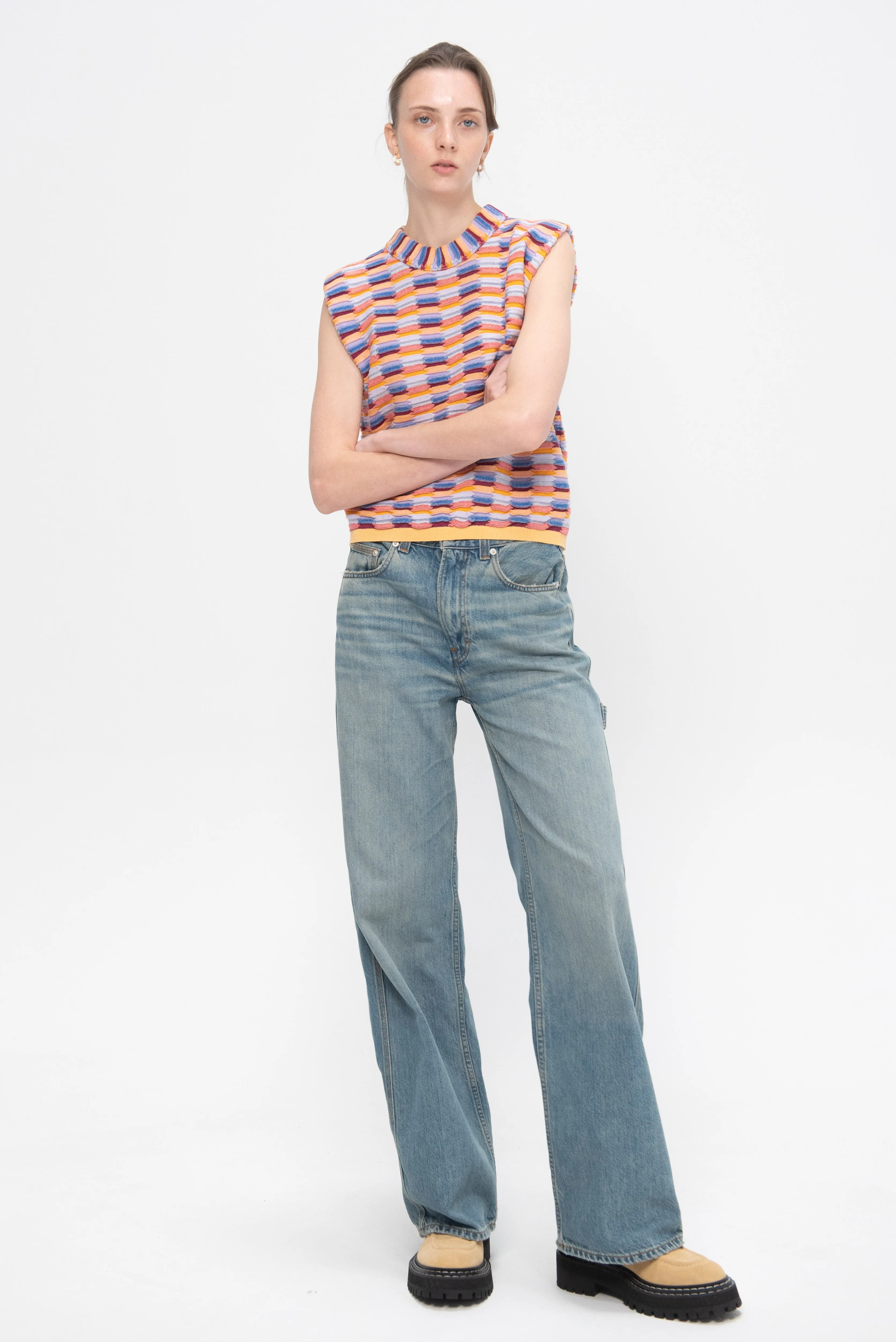 Soft Multi-Colored Zellige Knit Top, Multi Orange