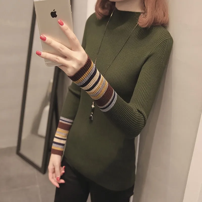 Striped Women Pullover Sweater Fashion Knitted Autumn Female Jumper Casual Korean Half Turtlenck Slim Ladies Base Blouse
