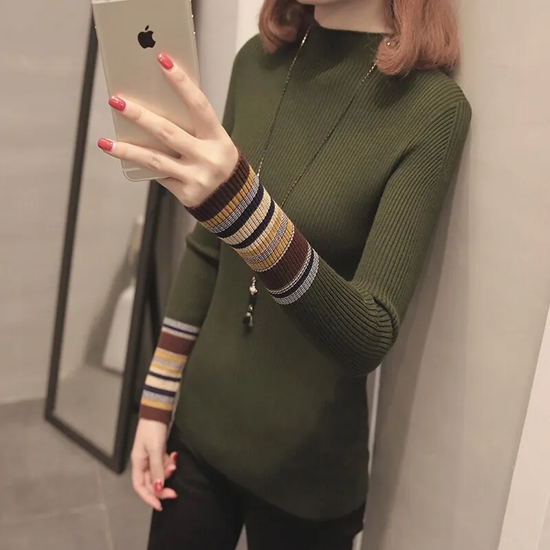 Striped Women Pullover Sweater Fashion Knitted Autumn Female Jumper Casual Korean Half Turtlenck Slim Ladies Base Blouse