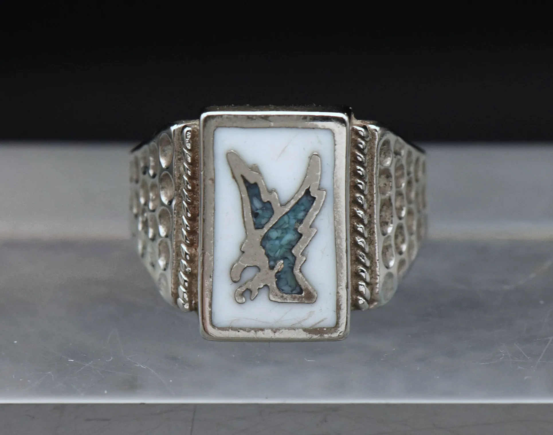 Vintage Eagle Stone and Enamel Silver Plated Ring - Size 11.25